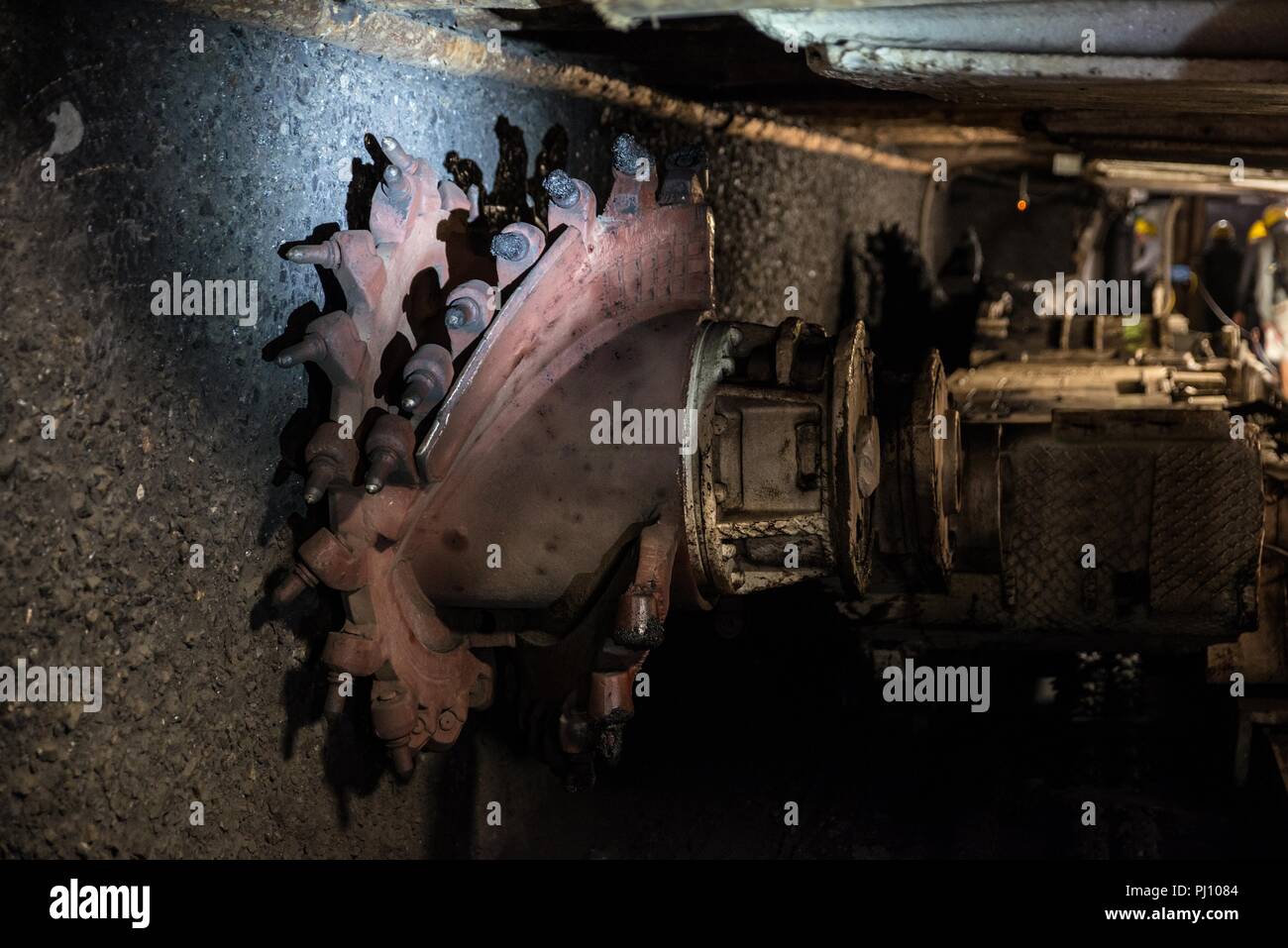 La mia shearer e tetto mobile supporta in nero sotterraneo della miniera di carbone Foto Stock