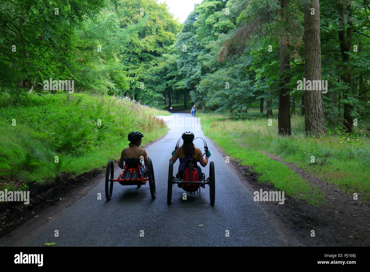 I ciclisti su una recumbent bike nella Derwent Valley nel Parco Nazionale del Peak District. Foto Stock