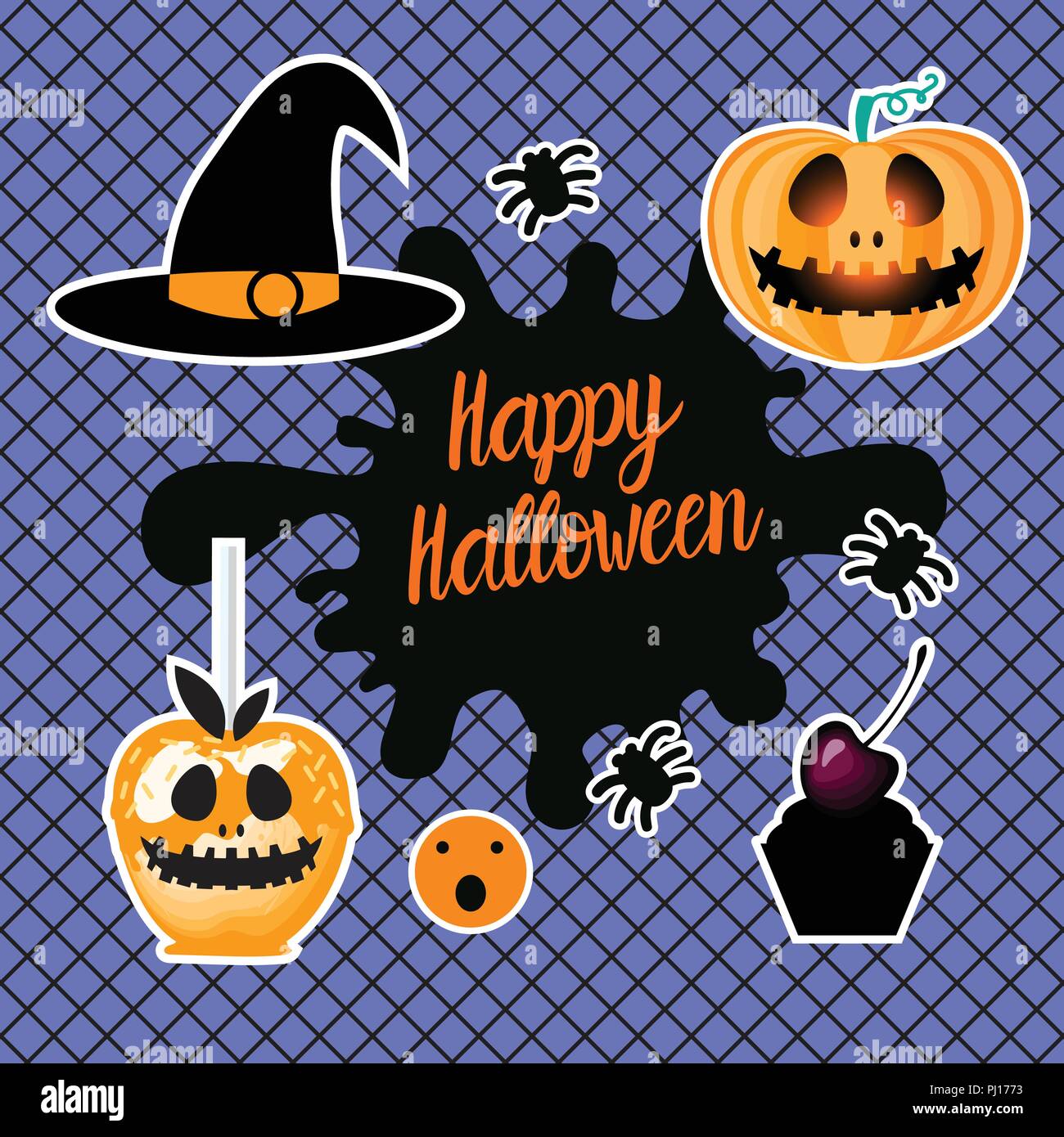 Happy Halloween design. Set di cuori disegnare a mano. Illustrazione di vettore isolato su sfondo blu. Perizoma nero collant seamless pattern. Illustrazione Vettoriale