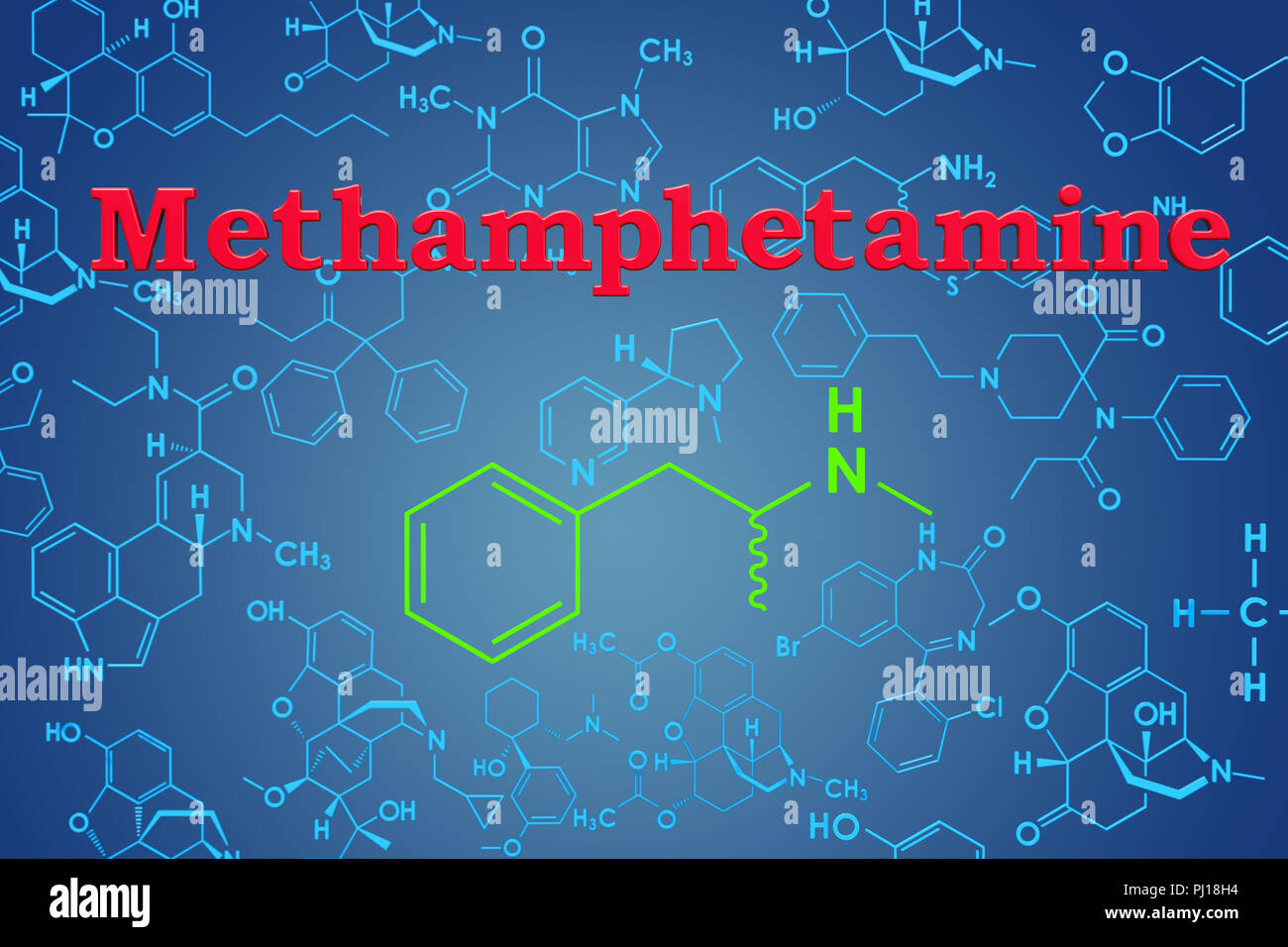 Metanfetamine, formula chimica e di struttura molecolare. Il rendering 3D Foto Stock