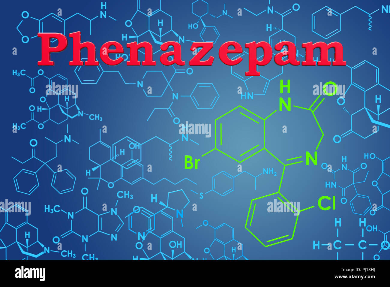 Phenazepam. Formula chimica, la struttura molecolare. Il rendering 3D Foto Stock