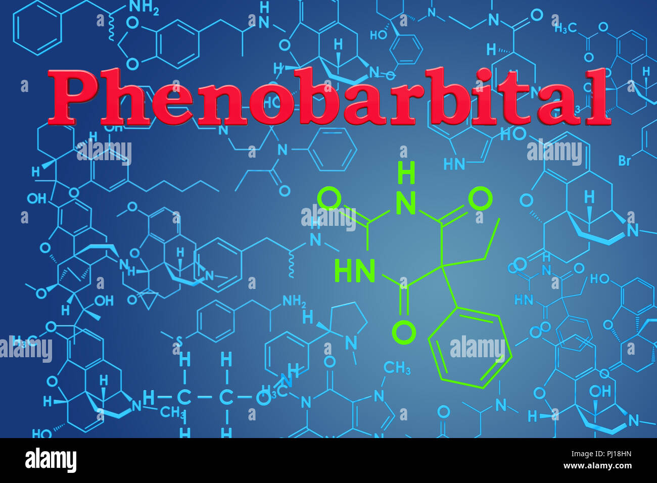 Il fenobarbital. Formula chimica, la struttura molecolare. Il rendering 3D Foto Stock
