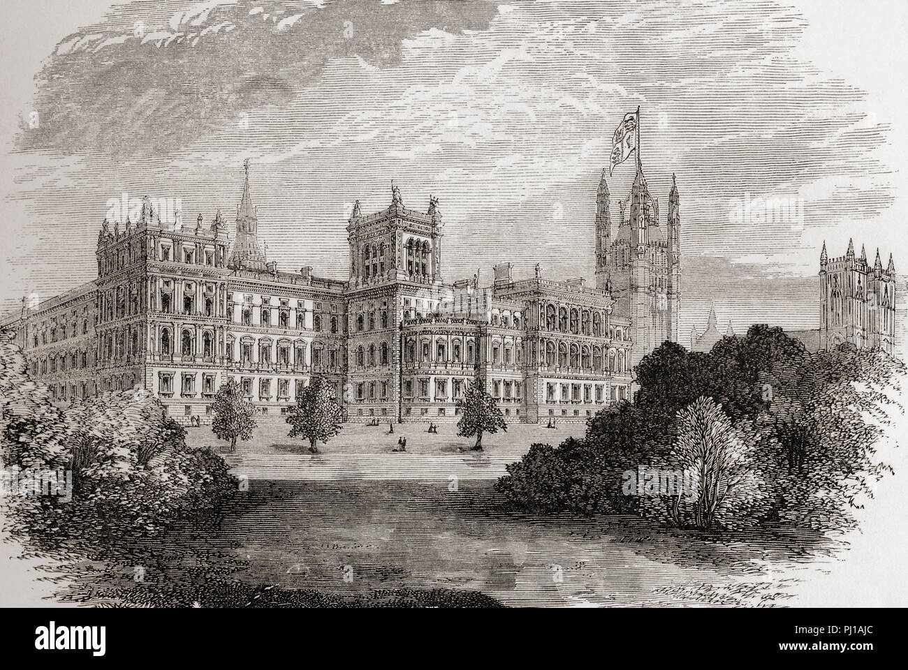 Il Foreign Office visto da St James Park, Londra, Inghilterra nel XIX secolo. Da Londra Foto, pubblicato 1890. Foto Stock