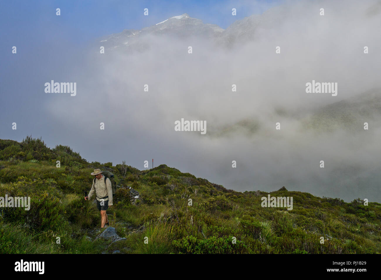 L'uomo escursionismo in alto a Rees Valley, Mt Aspiring National Park, Isola del Sud, Nuova Zelanda Foto Stock