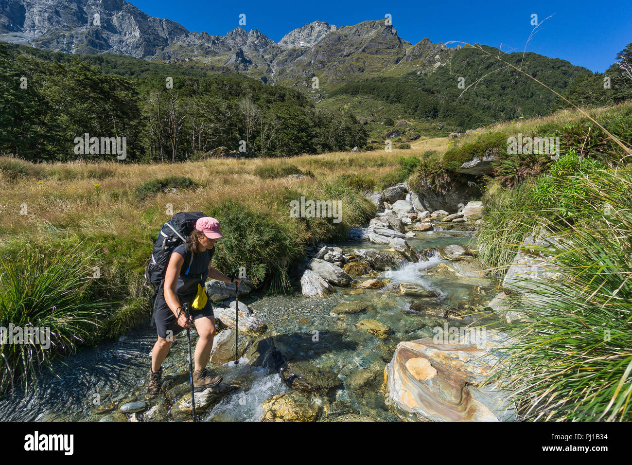 Woman Hiking attraverso un torrente nel Dart River Valley, Mt Aspiring National Park, Isola del Sud, Nuova Zelanda Foto Stock