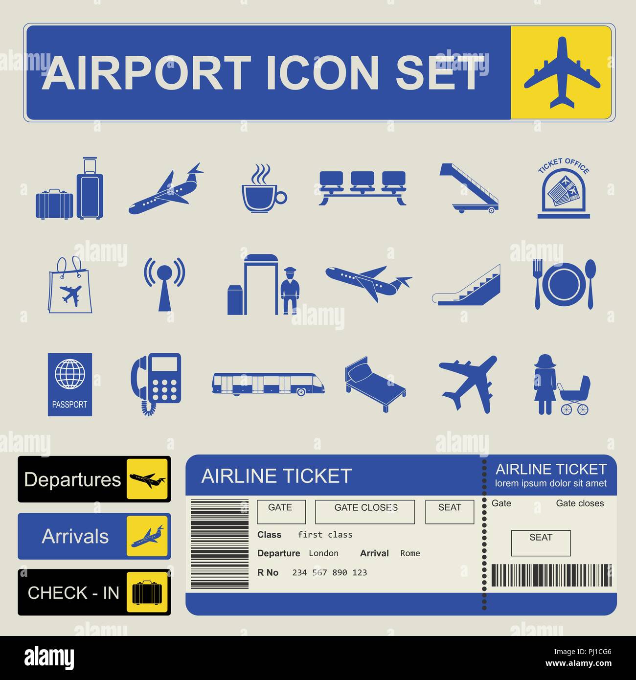 Aeroporto, viaggio aereo icona set. Illustrazione Vettoriale Illustrazione Vettoriale