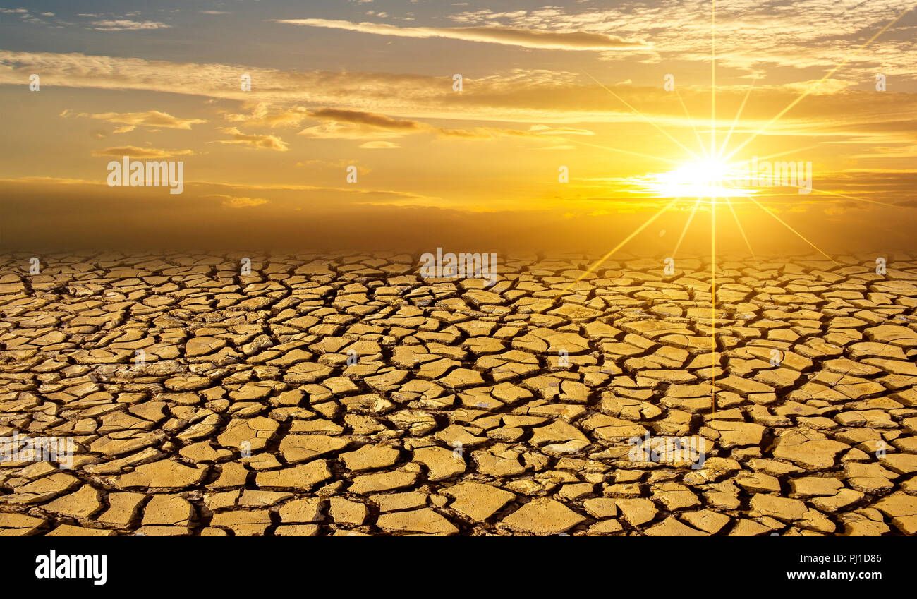Arido terreno argilloso deserto Sun Global cercando vermi concetto incrinato Scorched Earth siccità del suolo il paesaggio del deserto tramonto spettacolare Foto Stock