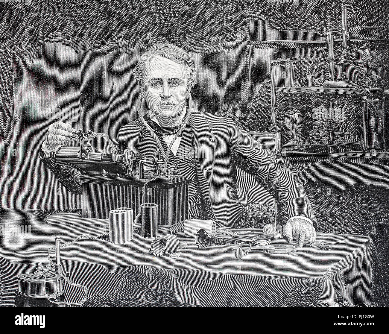 Thomas Alva Edison, 11 Febbraio 1847 - 18 ottobre 1931, l'inventore americano, digitale Riproduzione migliorata di un woodprint dall'anno 1890 Foto Stock