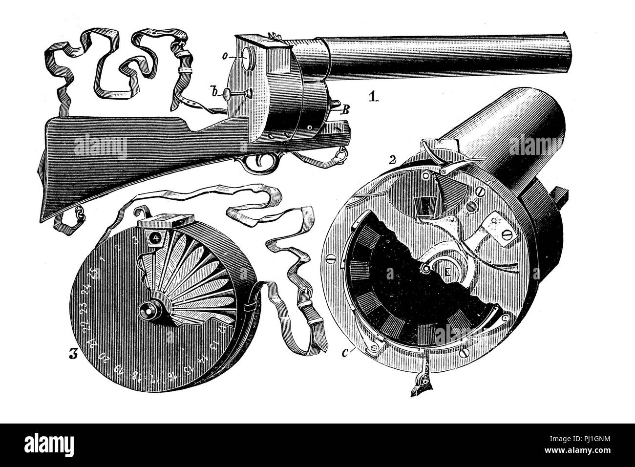 Il chronophotographic fucile, fucile fotografico, è stato inventato dal fisiologo francese étienne-jules marey nel 1883, che ha consentito di avvistamento e di fotografare oggetti spostati nello spazio digitale Riproduzione migliorata di un woodprint dall'anno 1890 Foto Stock