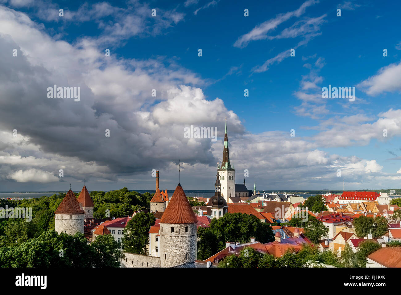 Superba veduta aerea della Città Vecchia di Tallinn e le coste estoni che si affaccia sul Golfo di Finlandia Foto Stock