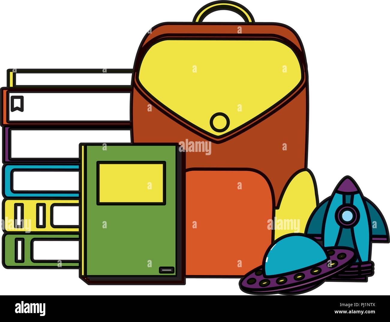 Libro a colori con scuola packpack strumenti e giocattoli Illustrazione Vettoriale