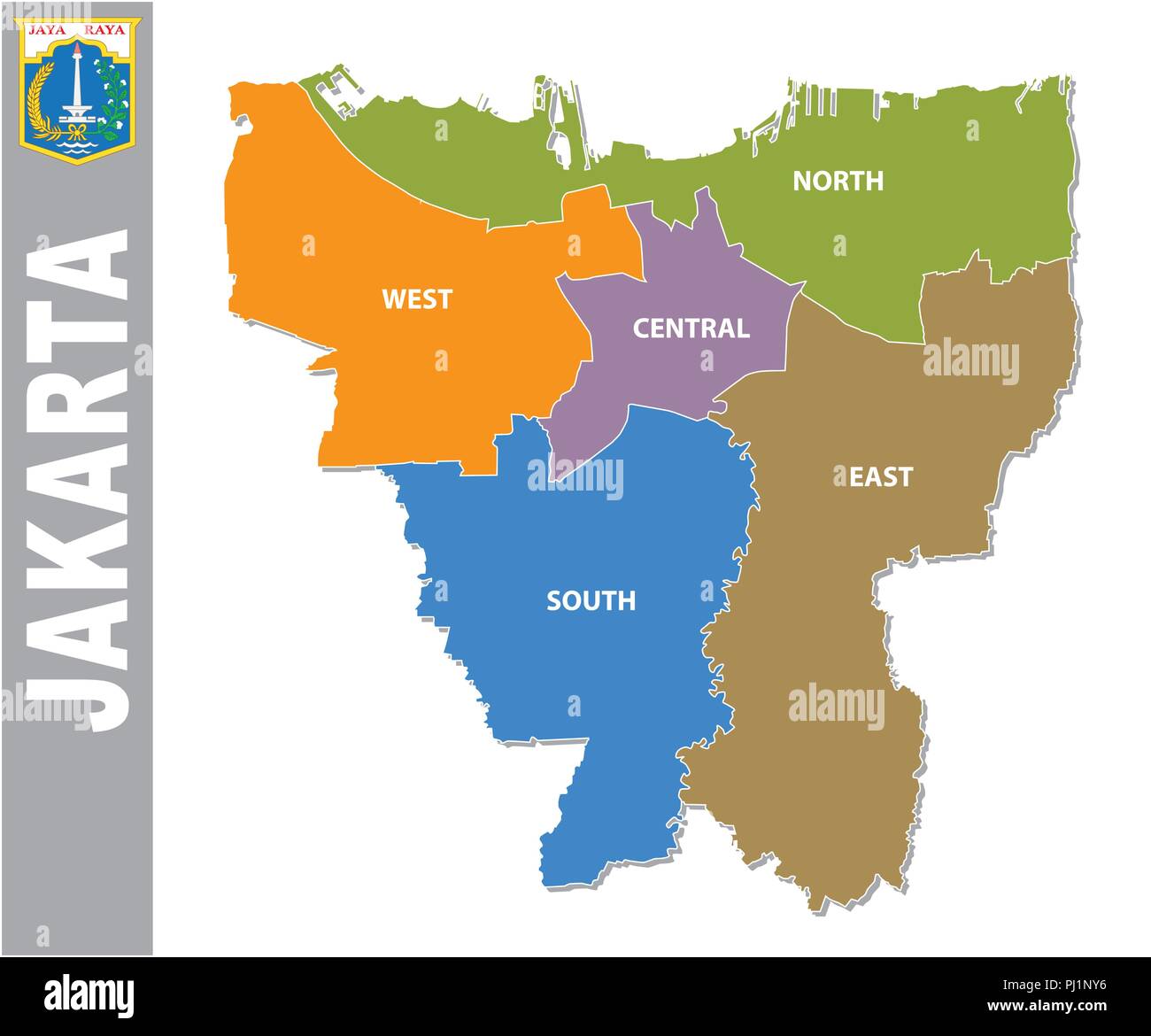 Colorato Jakarta politica e amministrativa di mappa con stemma. Illustrazione Vettoriale