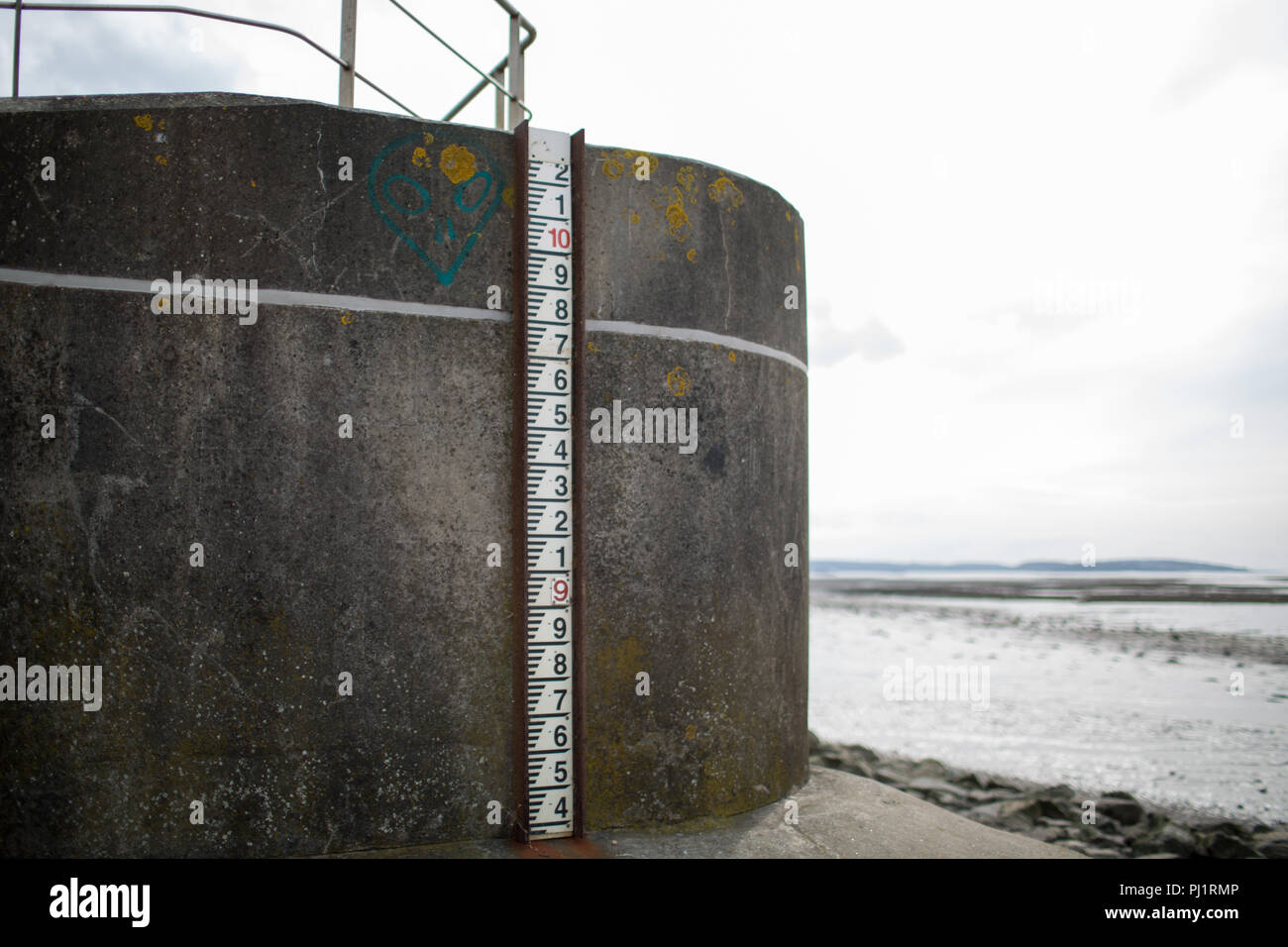 Acqua marcatore livello di misurazione dei livelli di marea in mare muro a Severn Beach, Bristol, Regno Unito. La bassa marea. La luce del giorno. Foto Stock