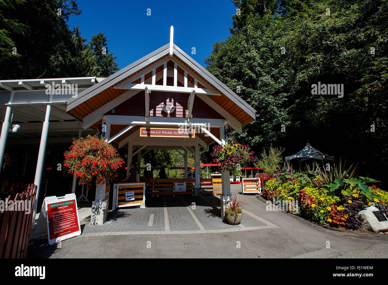 Il Parco Stanley Junction stazione ferroviaria, Stanley Park, Vancouver, British Columbia, Canada Foto Stock
