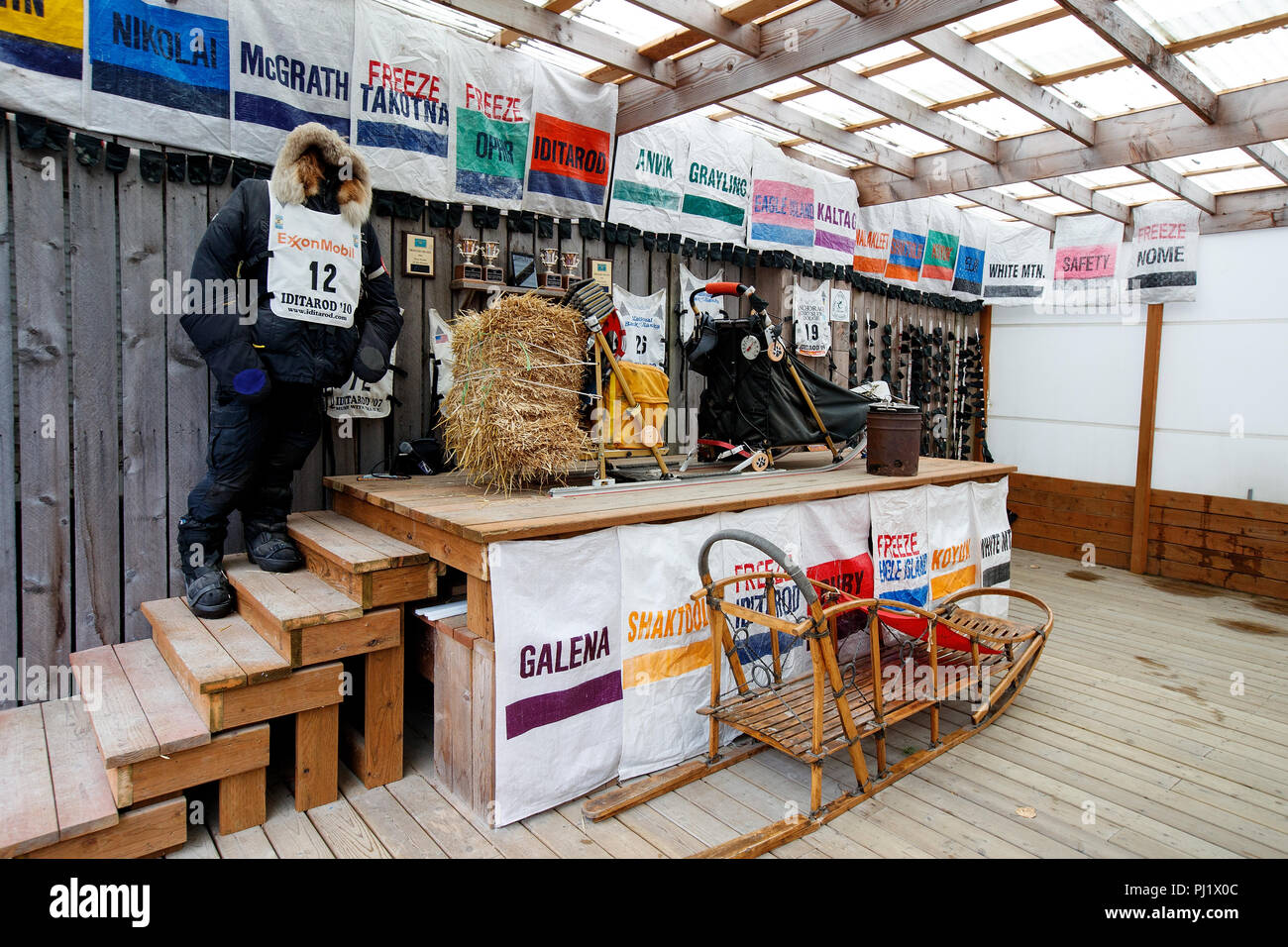 Ititarod Sled Dog e display di pastosità, dragare Town, Skagway, Alaska, Stati Uniti d'America Foto Stock