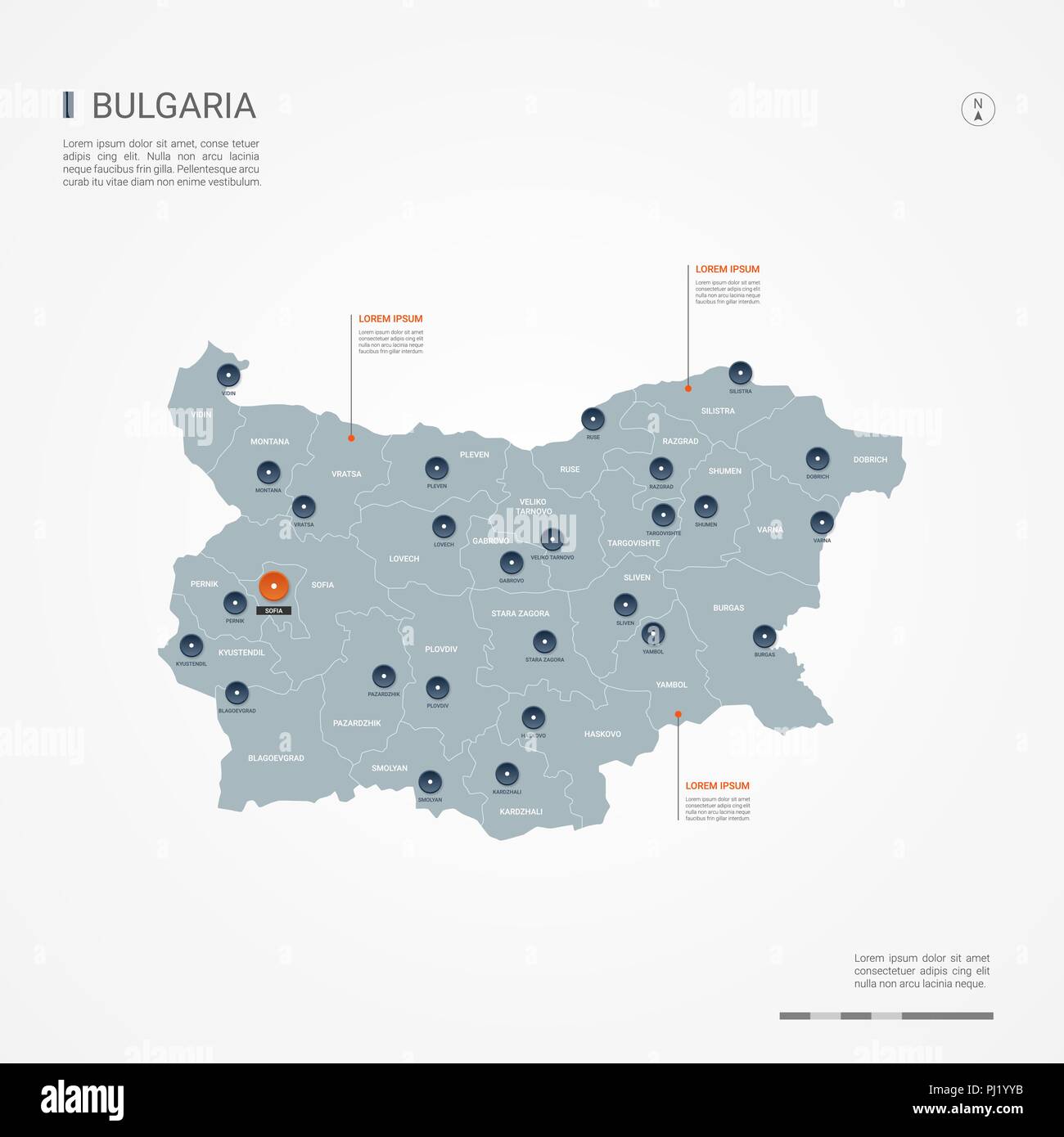 La Bulgaria mappa con le frontiere, città capitale e divisioni amministrative. Infografico mappa vettoriale. Livelli modificabili chiaramente etichettati. Illustrazione Vettoriale
