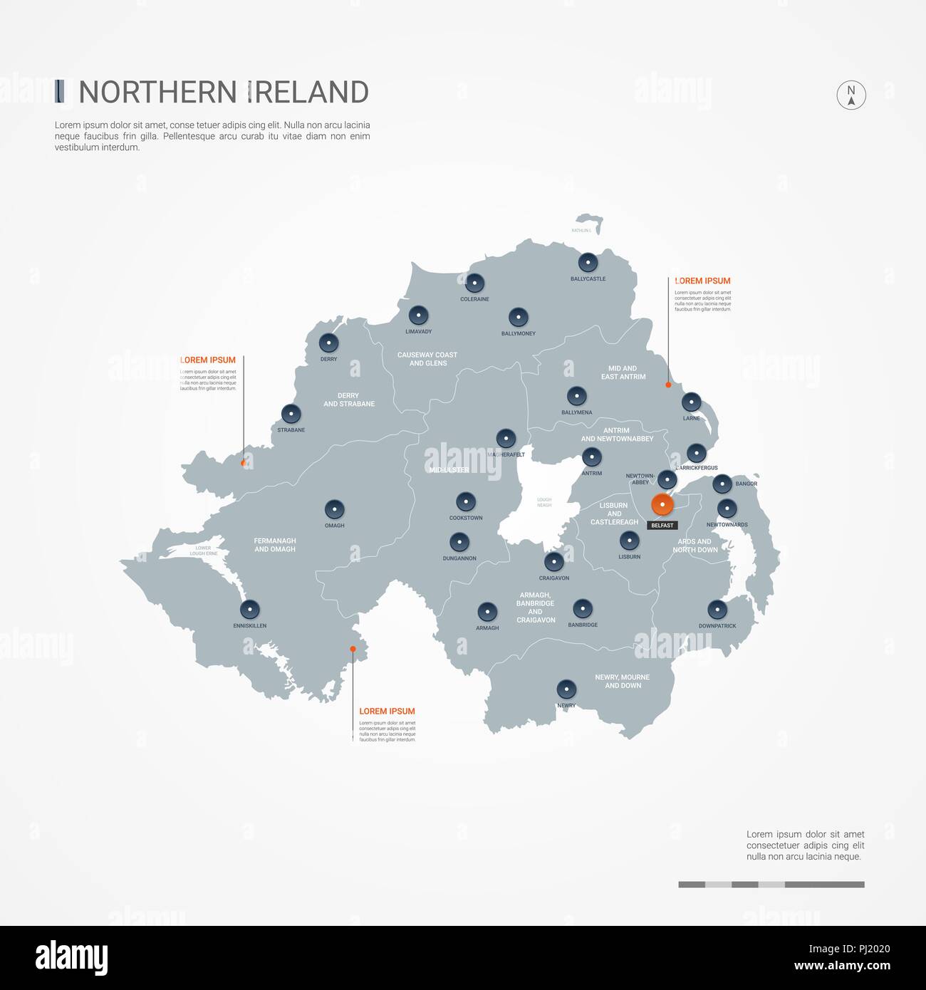 Irlanda del Nord mappa con le frontiere, città capitale e divisioni amministrative. Infografico mappa vettoriale. Livelli modificabili chiaramente etichettati. Illustrazione Vettoriale