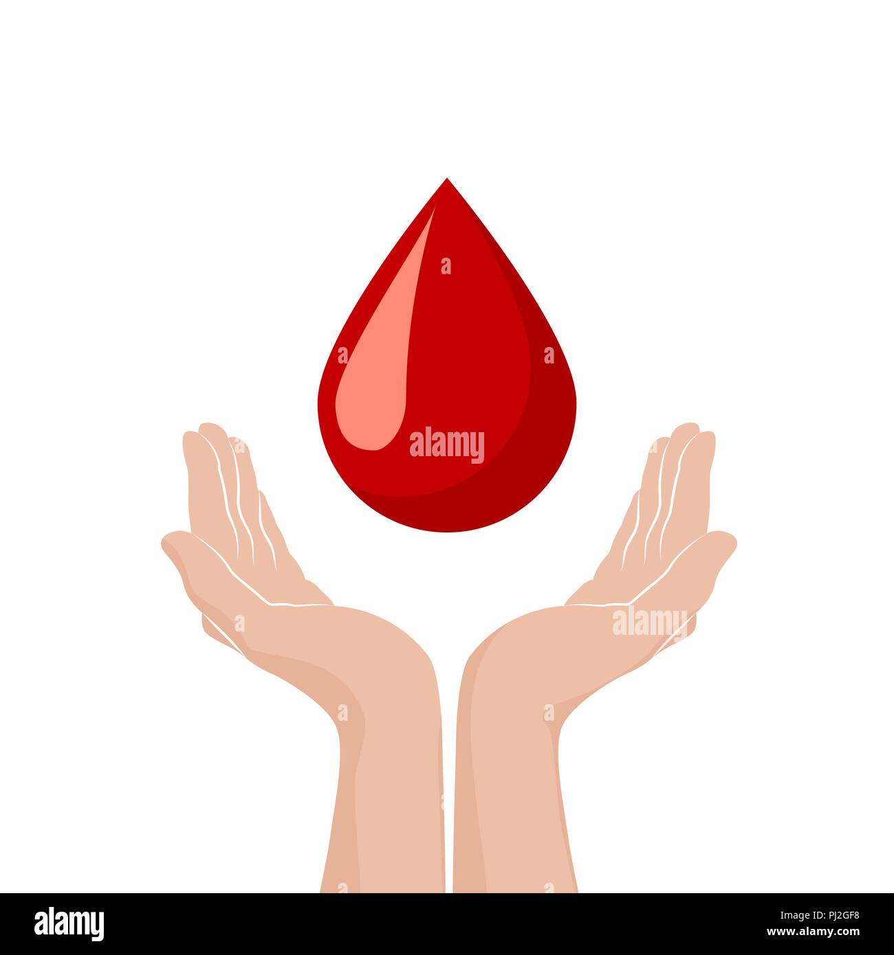 Due mani donare sangue. Mondo di donatori di sangue concetto di giorno. Rosso simbolo di caduta di volontari per la donazione del sangue. Illustrazione di vettore isolato su sfondo bianco Illustrazione Vettoriale