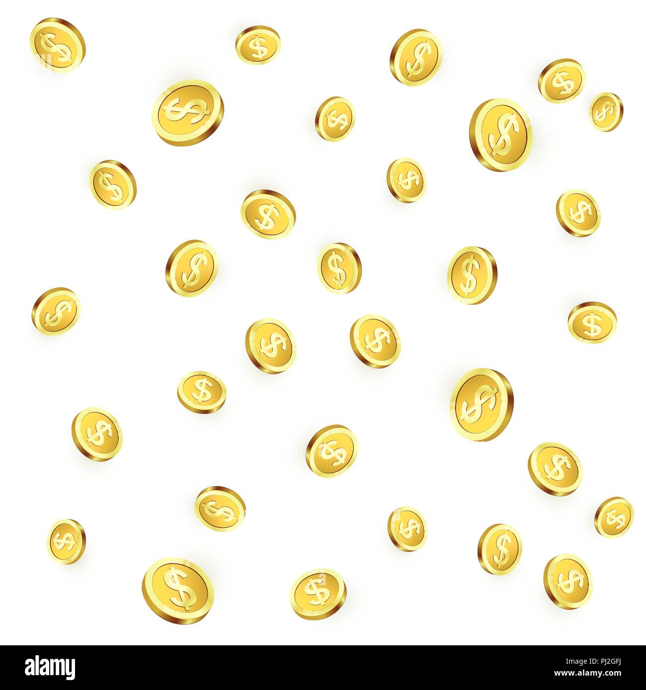 La caduta delle monete d'oro isolati su sfondo bianco. Metallo lucido dollar pioggia. Casino jackpot win. Illustrazione Vettoriale Illustrazione Vettoriale