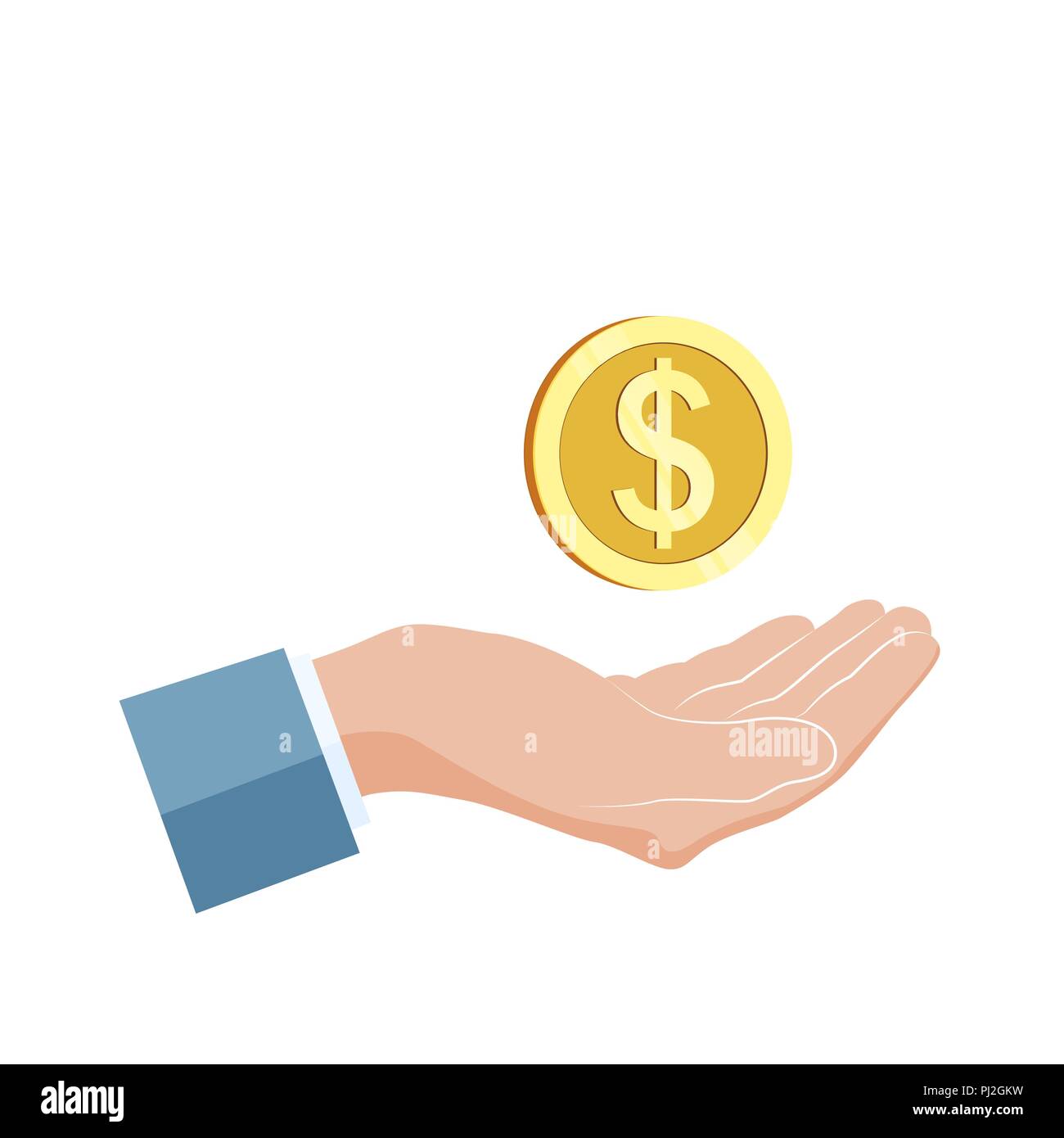 Imprenditore tenere in mano moneta in oro. La carità e il concetto di donazione. Illustrazione di vettore isolato su sfondo bianco Illustrazione Vettoriale