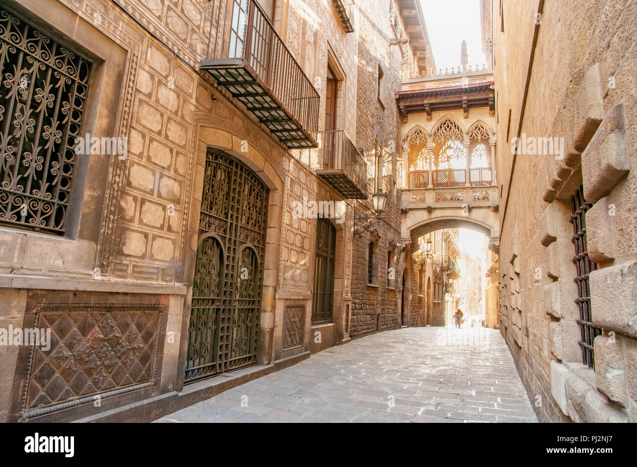 Il ponte sulla Carrer del Bisbe nel quartiere Gotico di Barcellona, Spagna Foto Stock
