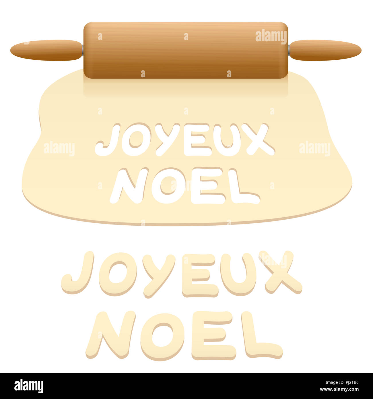 Merry Christmas cookies ritagliata dalla pasta dicendo JOYEUX NOEL in lingua francese. Foto Stock
