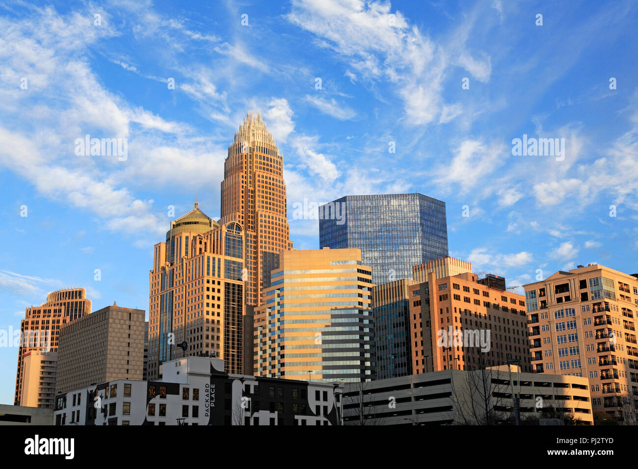 Charlotte, North Carolina, skyline in giallo luce del pomeriggio. Foto Stock