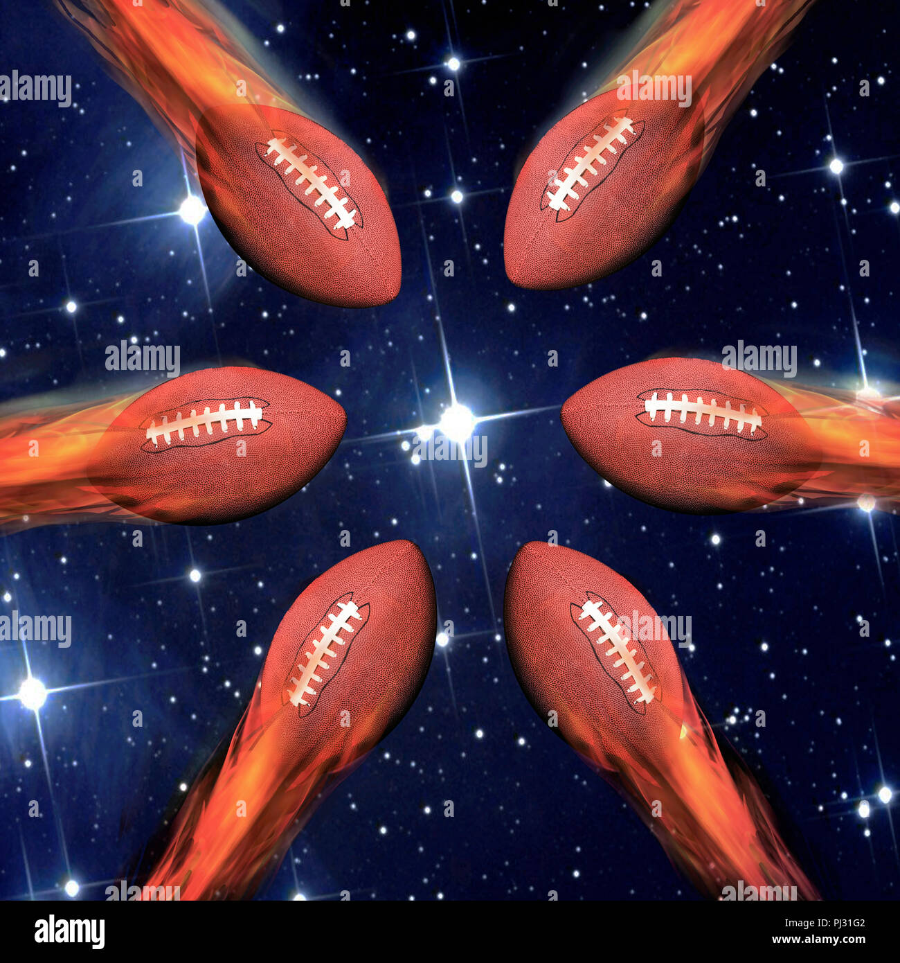 Palloni da calcio sul fuoco con twliight mostra nel cielo. Foto Stock