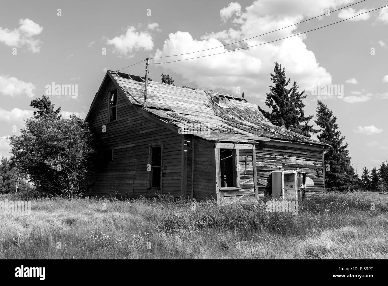Vecchia prateria abbandonati casa colonica circondata da alberi, erba alta e sky in Saskatchewan, Canada in bianco e nero Foto Stock