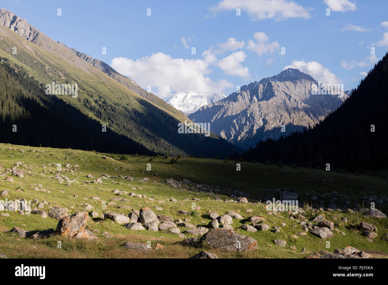 Valle di Altyn-Arashan durante il tardo pomeriggio con ombre profonde in Kirghizistan Foto Stock