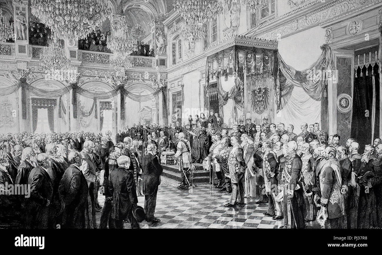La prima apertura del Reichstag tedesco dal kaiser Guglielmo II, il 25 giugno 1888, Germania, digitale migliorata la riproduzione di un originale a partire dall'anno 1895 Foto Stock