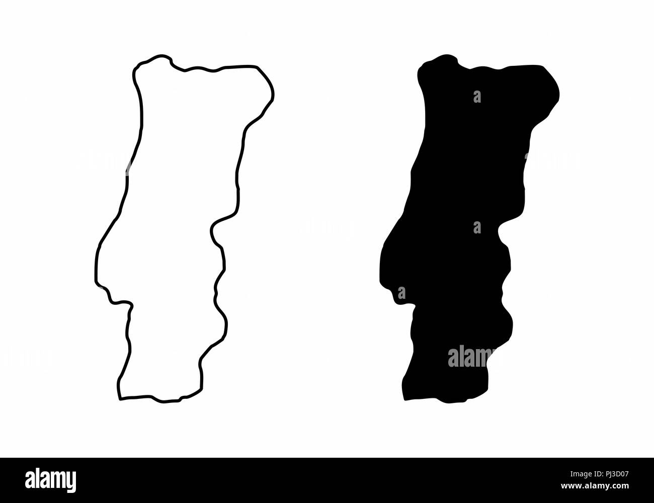 Mappe semplificata del Portogallo. In bianco e nero dei contorni. Illustrazione Vettoriale