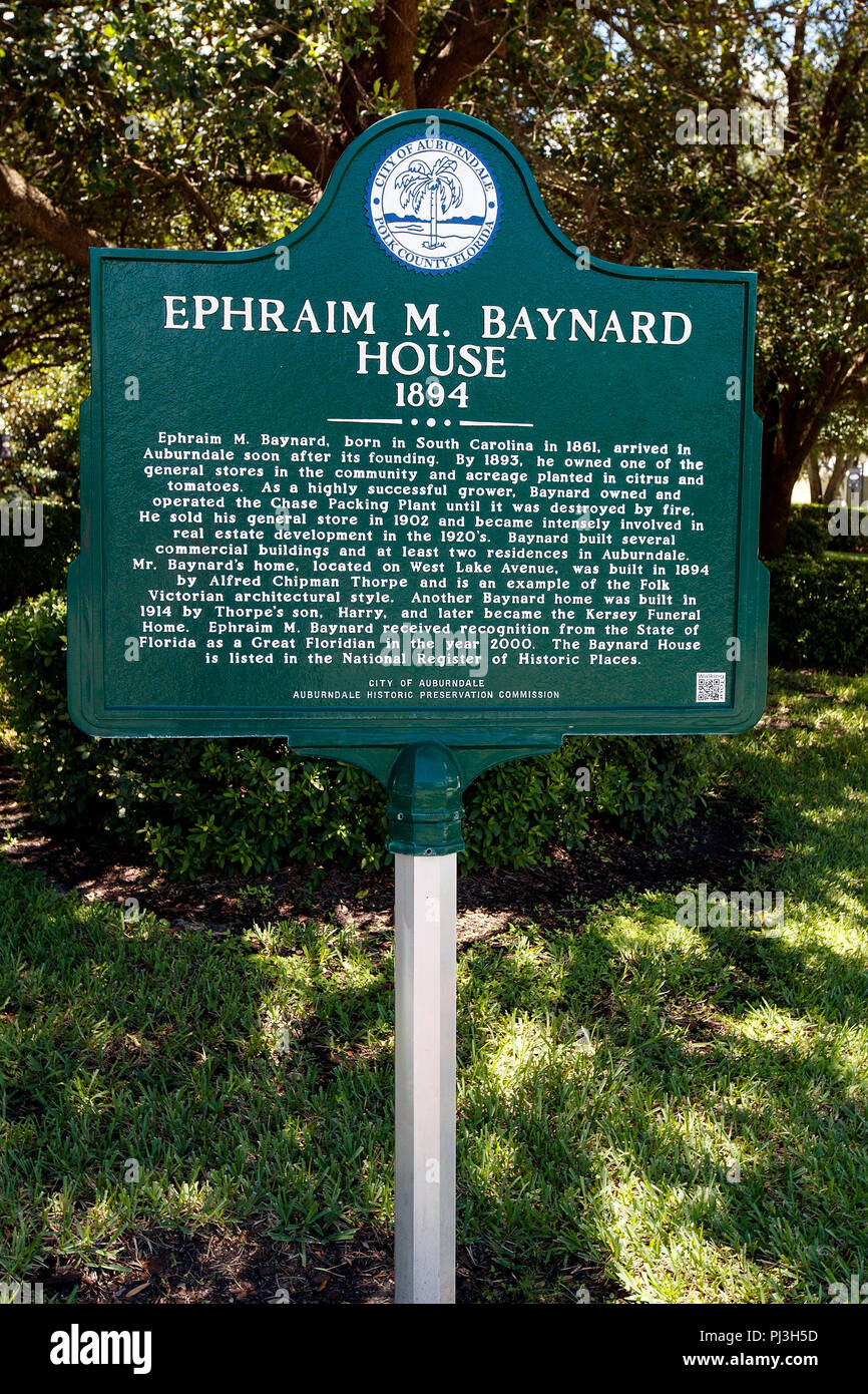 EPHRIAM M. BAYNARD HOUSE 1894 Efraim M. Baynard, nato in Carolina del Sud nel 1861, arrivarono in Auburndale subito dopo la sua fondazione. Dal 1893, egli possedeva uno Foto Stock