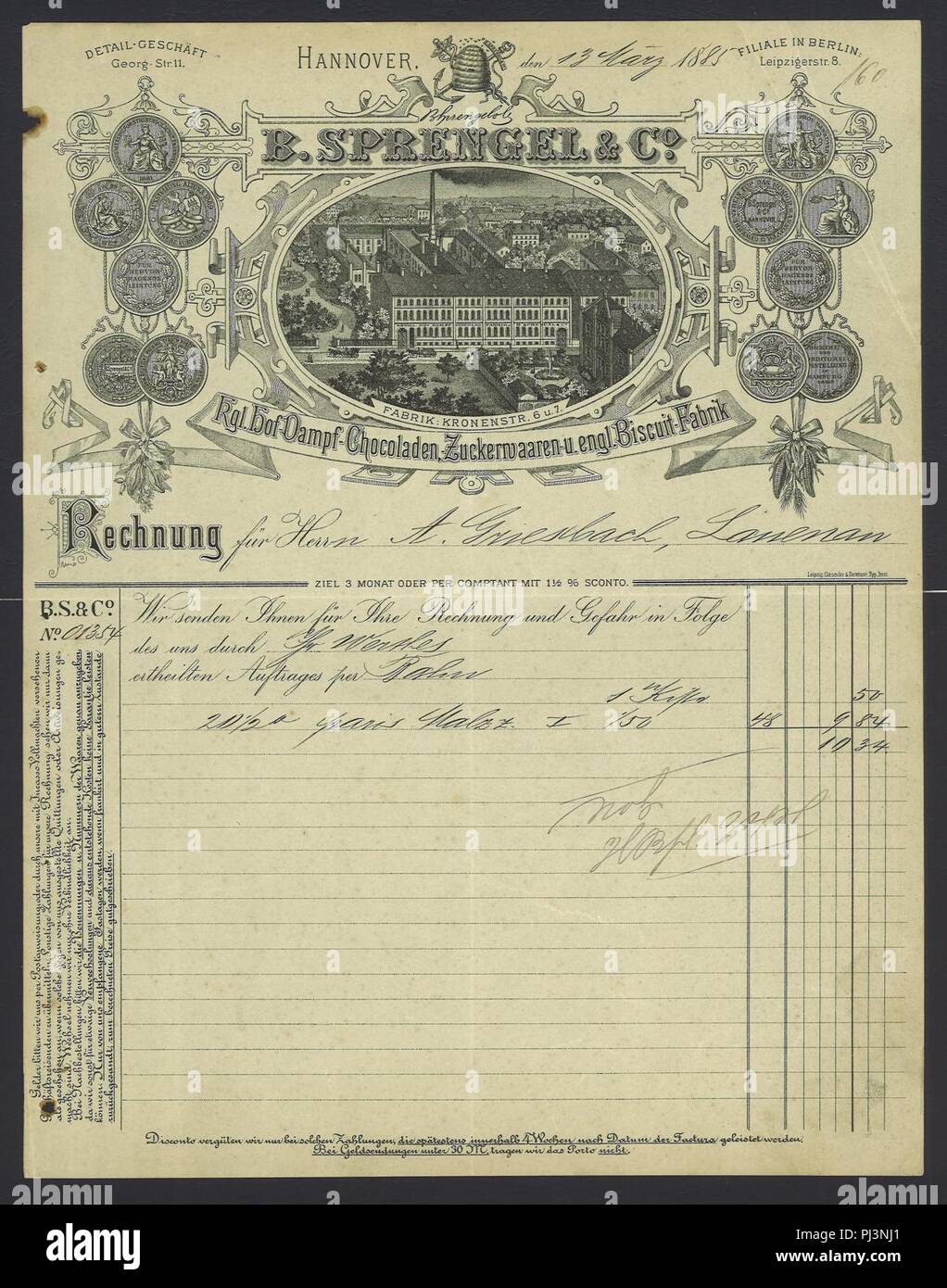 B. Sprengel & Co. 1885-03-13 Hannover Kronenstraße 6 & 7 Rechnungsformular Königliche Hof-DampfChocoladen, Zuckerwaaren- und englische Biscuit-Fabrik. Foto Stock