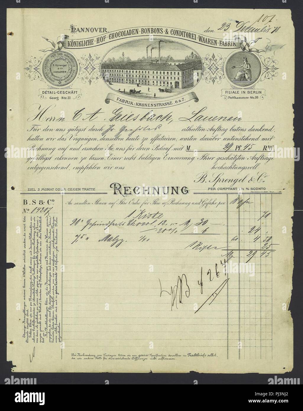 B. Sprengel & Co. 1878-12-23 Hannover Kronenstraße 6 & 7 Rechnungsformular Königliche Hof-Chocoladen- Bomboni- & Conditorei-Waaren-Fabrik I. Foto Stock