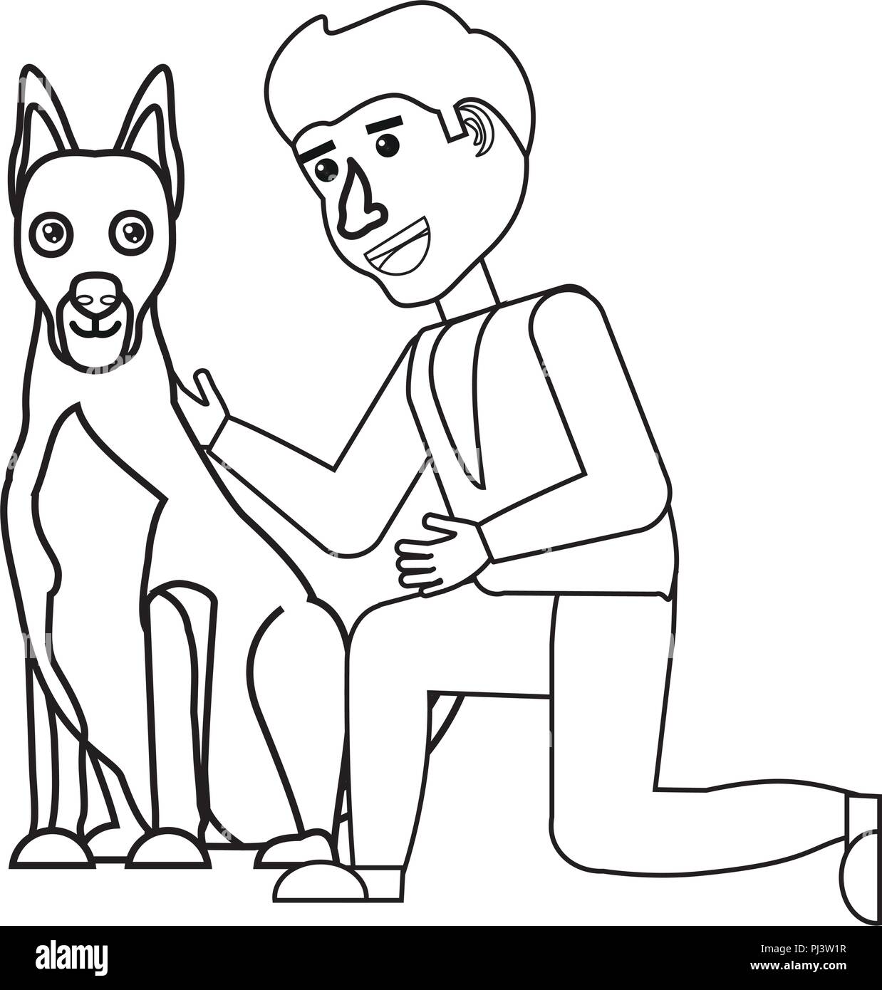 Cartoon uomo accarezzare un simpatico cane su sfondo bianco, illustrazione vettoriale Illustrazione Vettoriale