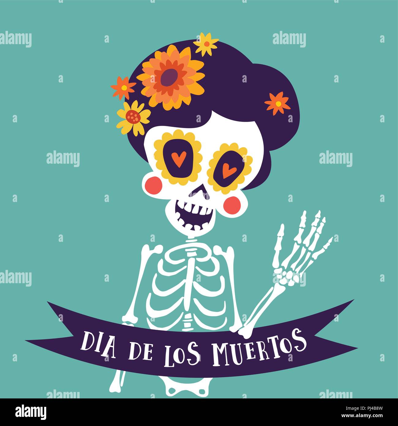 Il dia de los Muertos bigliettino, invito. Mexican giorno dei morti. Lo scheletro di donna con fiori e nastro banner. Cranio ornamentali. Disegnata a mano illustrazione vettoriale, sfondo. Illustrazione Vettoriale