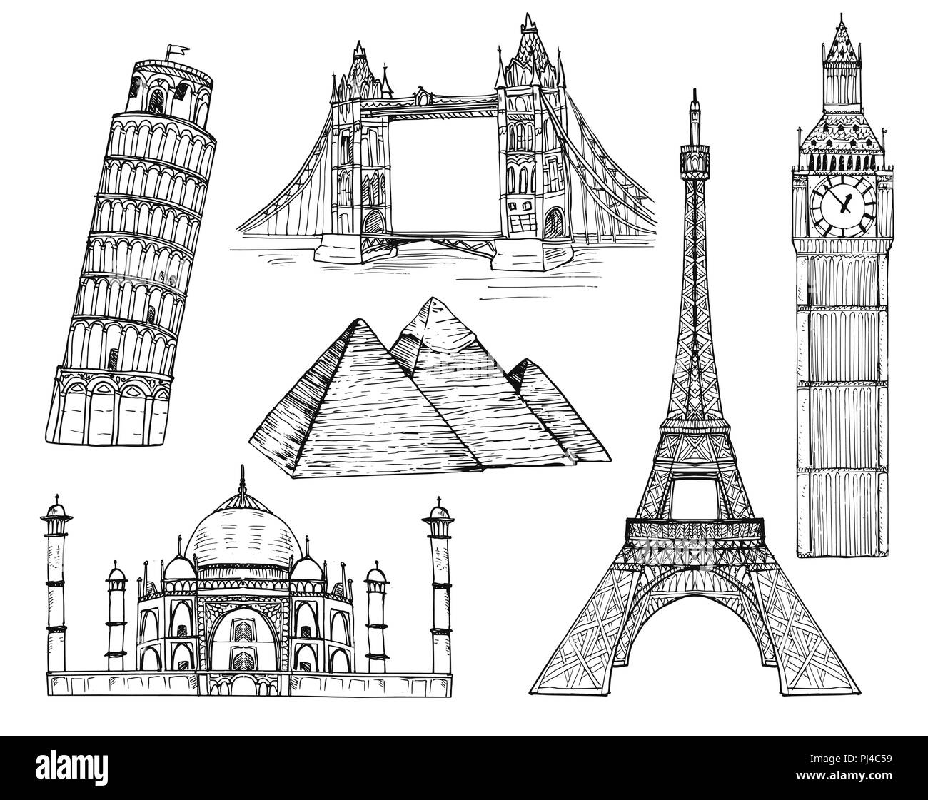 Set di famosi punti di riferimento di tipo piatto. Monumenti storici e di edifici. Pisa e la Torre Eiffel, Taj Mahal, Egitto piramidi, Big Ben e Harbou Illustrazione Vettoriale