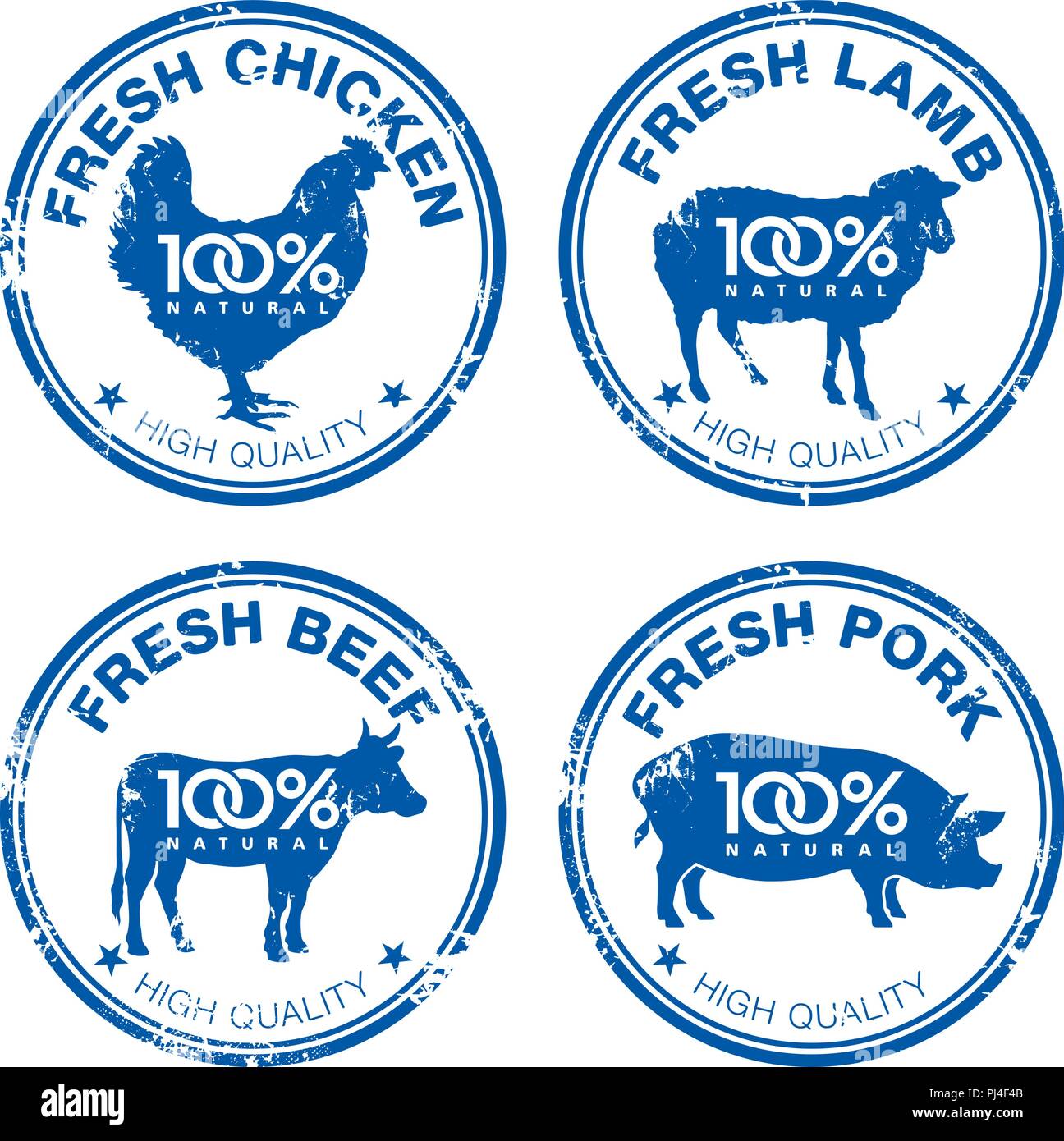 Set di carni fresche timbri in gomma isolata su bianco. Concetto di mercato di fattoria e Butcher Shop Illustrazione Vettoriale