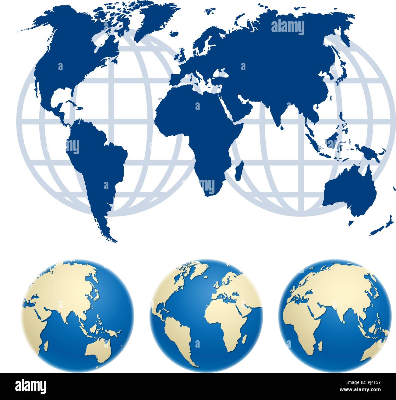 Illustrazione Vettoriale delle icone del globo e la mappa del mondo isolato su bianco Illustrazione Vettoriale