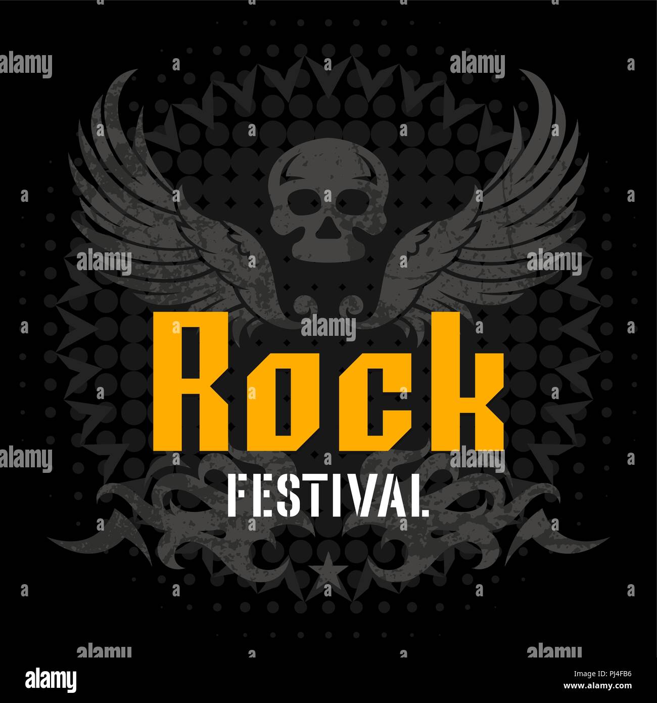 Festival rock modello poster con un cranio e ali Illustrazione Vettoriale
