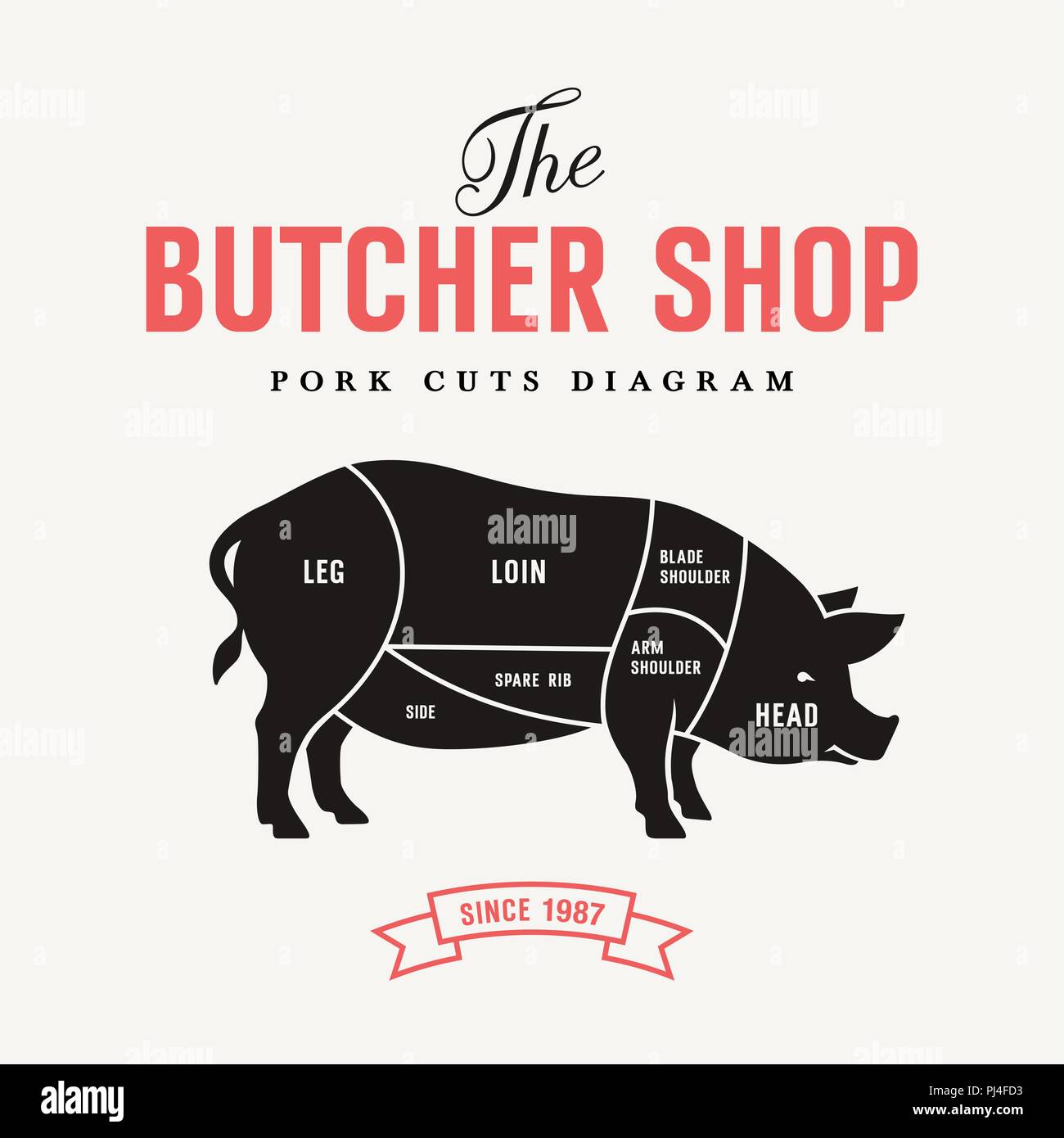 I tagli di carne di maiale schema, illustrazione vettoriale per negozio di macellaio e mercato di fattoria Illustrazione Vettoriale
