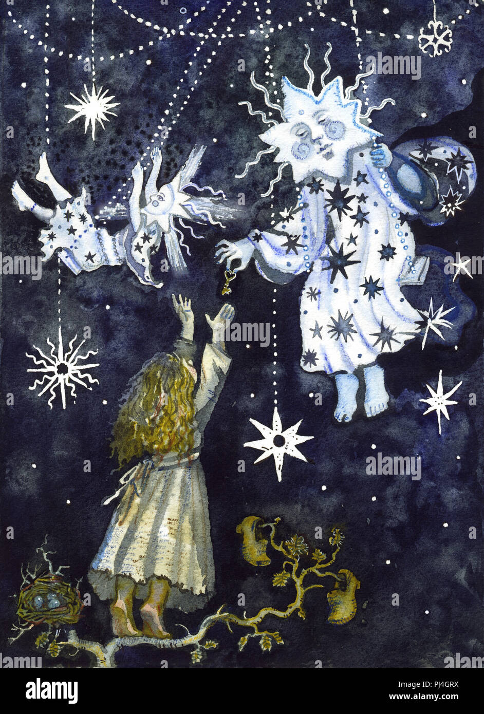 Il dialogo con le stelle. Bambina diventa la chiave dalla magica creature stellari. Cielo notturno sfondo. Fiaba fantasy illustrazione. Per i bambini, Natale e Anno Nuovo biglietto di auguri, giochi da tavola. Foto Stock