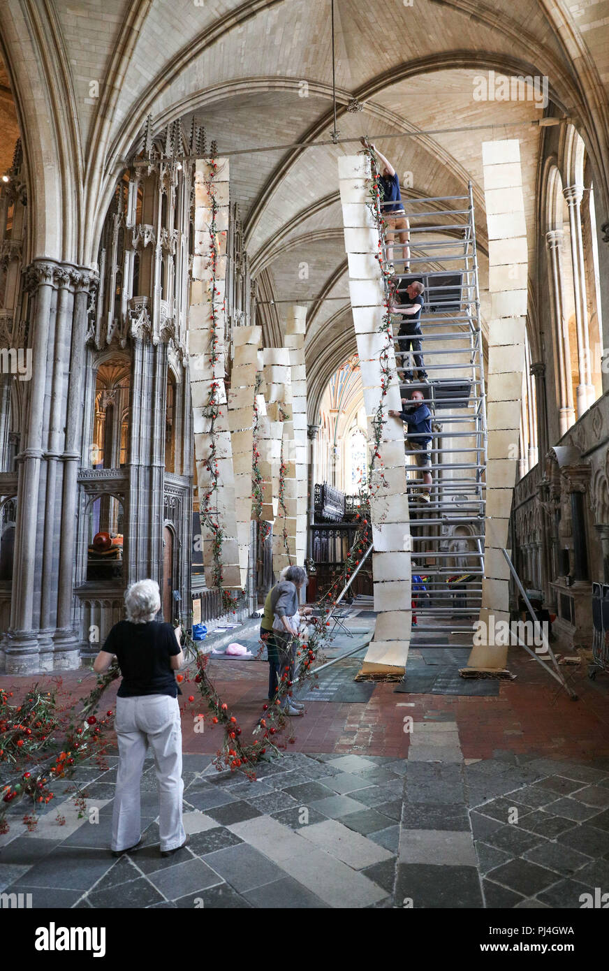 Preparativi finali vengono fatti visualizza per la Cattedrale di Winchester il festival dei fiori, illuminazione: un Festival dei Fiori, che va dal 5 Settembre al 9. Foto Stock