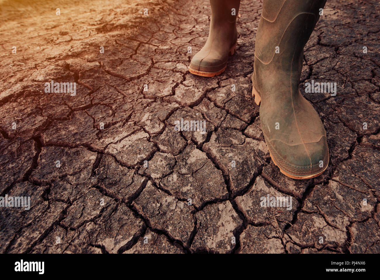 Agricoltore in stivali di gomma a piedi su suolo asciutto terra, il riscaldamento globale e i cambiamenti climatici influiscono sulle colture e la resa Foto Stock