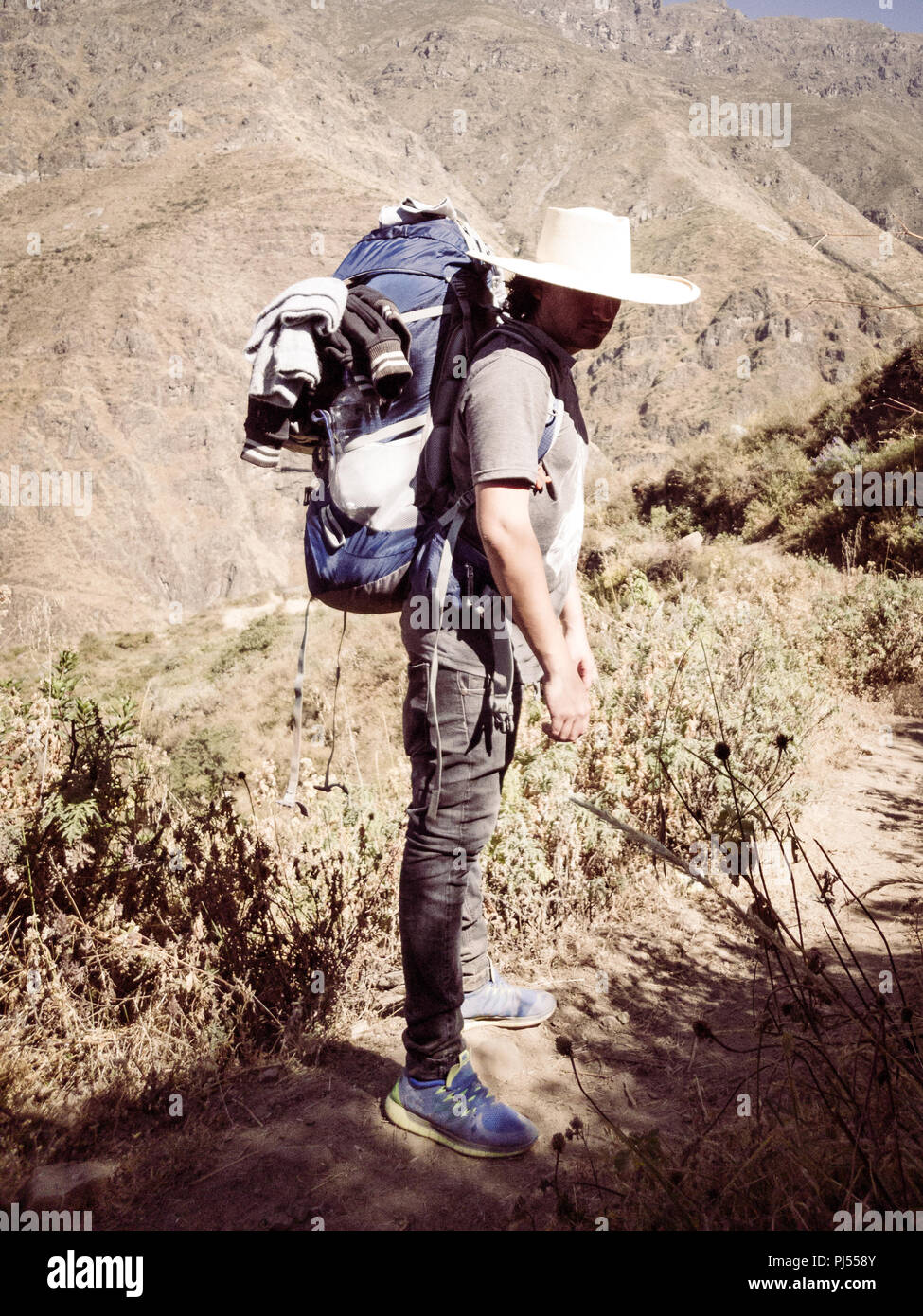 L'uomo viaggiatore con hat e zaino escursionismo montagne stile di vita viaggio concetto di successo attiva avventura vacanze estive all'aperto Foto Stock