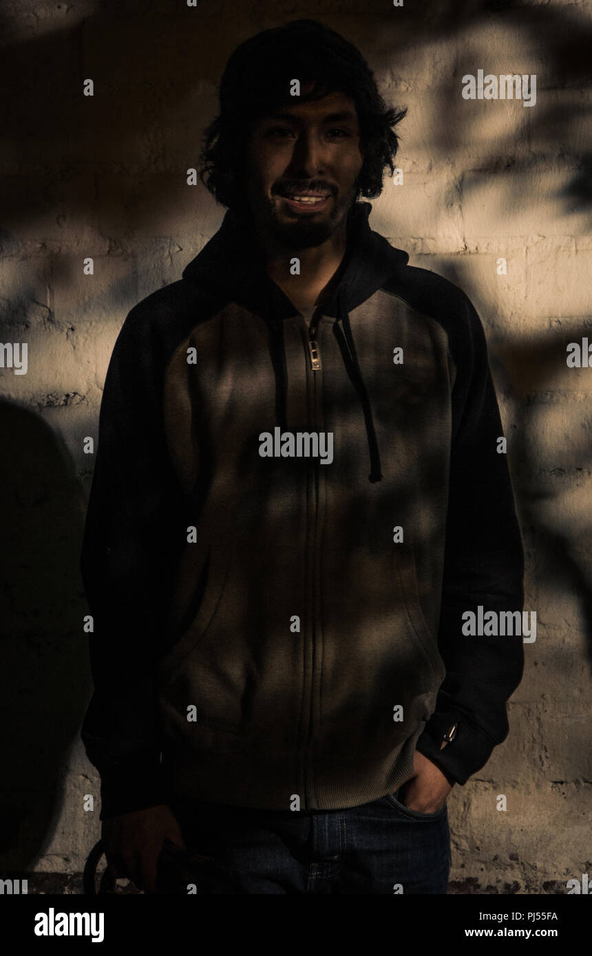 Ritratto di giovane uomo con la barba che indossa camicia e sfumature di alberi del parco Foto Stock