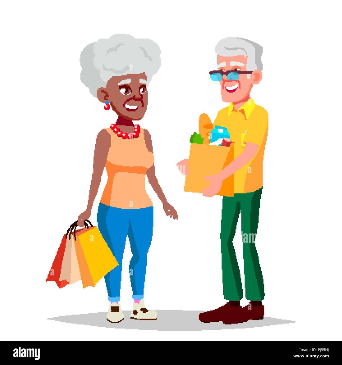 Coppia di anziani vettore. Il nonno con la nonna. Concetto sociale. Coppia senior. Afro-americano, europeo. Piatto isolato Cartoon illustrazione Illustrazione Vettoriale