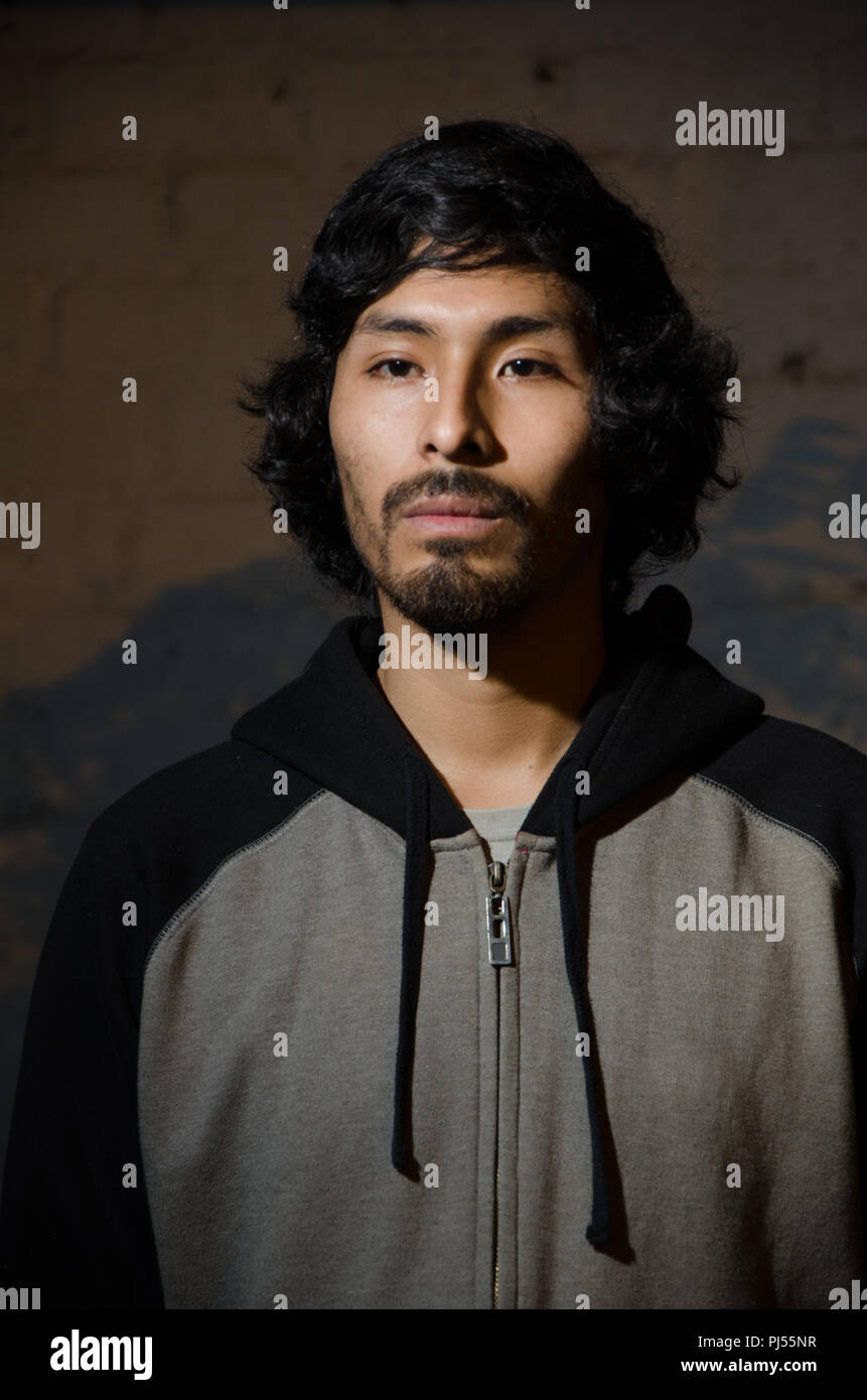 Ritratto di giovane uomo con la barba che indossa camicia e sfumature di alberi del parco Foto Stock