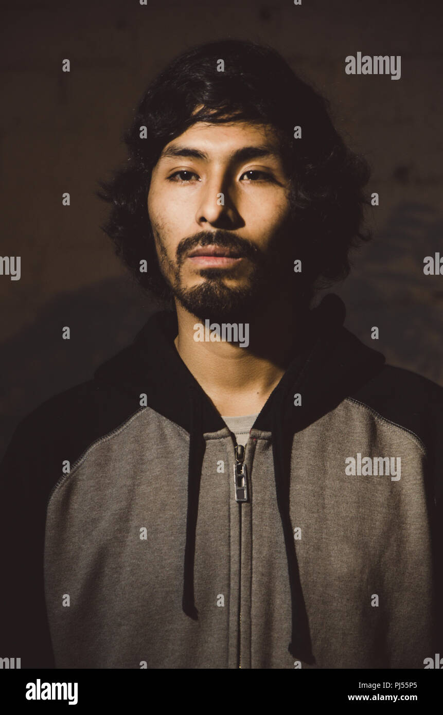 Ritratto di giovane uomo con la barba che indossa camicia e sfumature di alberi del parco Foto Stock